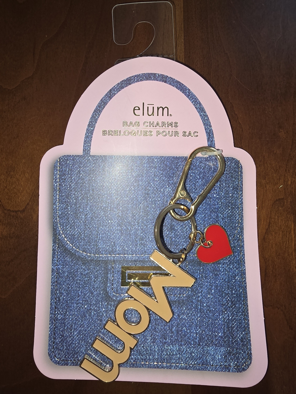 Elum Gold 'Mom' Bag Charm Keychain Charm with Red Heart, New with Tags